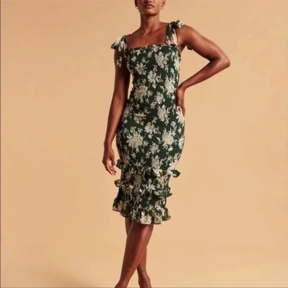 Abercrombie & Fitch Smocked Midi Dress Tie Straps Ruffle Green Floral Size S NWT - Picture 1 of 8
